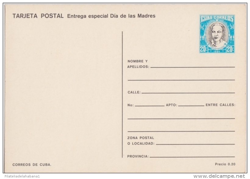 1984-EP-96 CUBA 1984 POSTAL STATIONERY. Ed.134g. DIA DE LAS MADRES. MOTHER DAY SPECIAL DELIVERY. ROSA FLOWER UNUSED - Cartas & Documentos