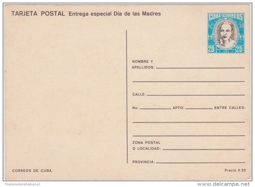 1985-EP-100 CUBA 1985 POSTAL STATIONERY. Ed.136i. DIA DE LAS MADRES. MOTHER DAY SPECIAL DELIVERY. GLADIOLOS FLOWER UNUSE - Storia Postale