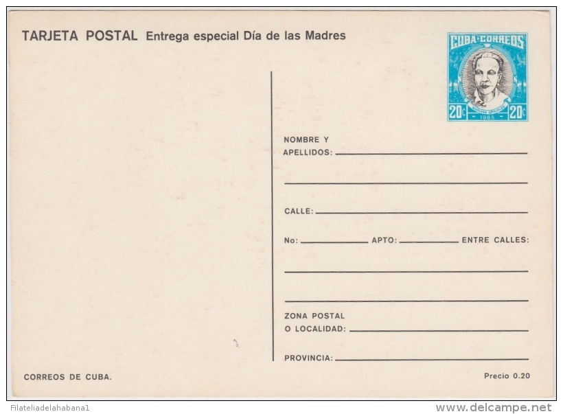 1985-EP-101 CUBA 1985 POSTAL STATIONERY. Ed.136c. DIA DE LAS MADRES. MOTHER DAY SPECIAL DELIVERY. GLADIOLOS FLOWER UNUSE - Brieven En Documenten