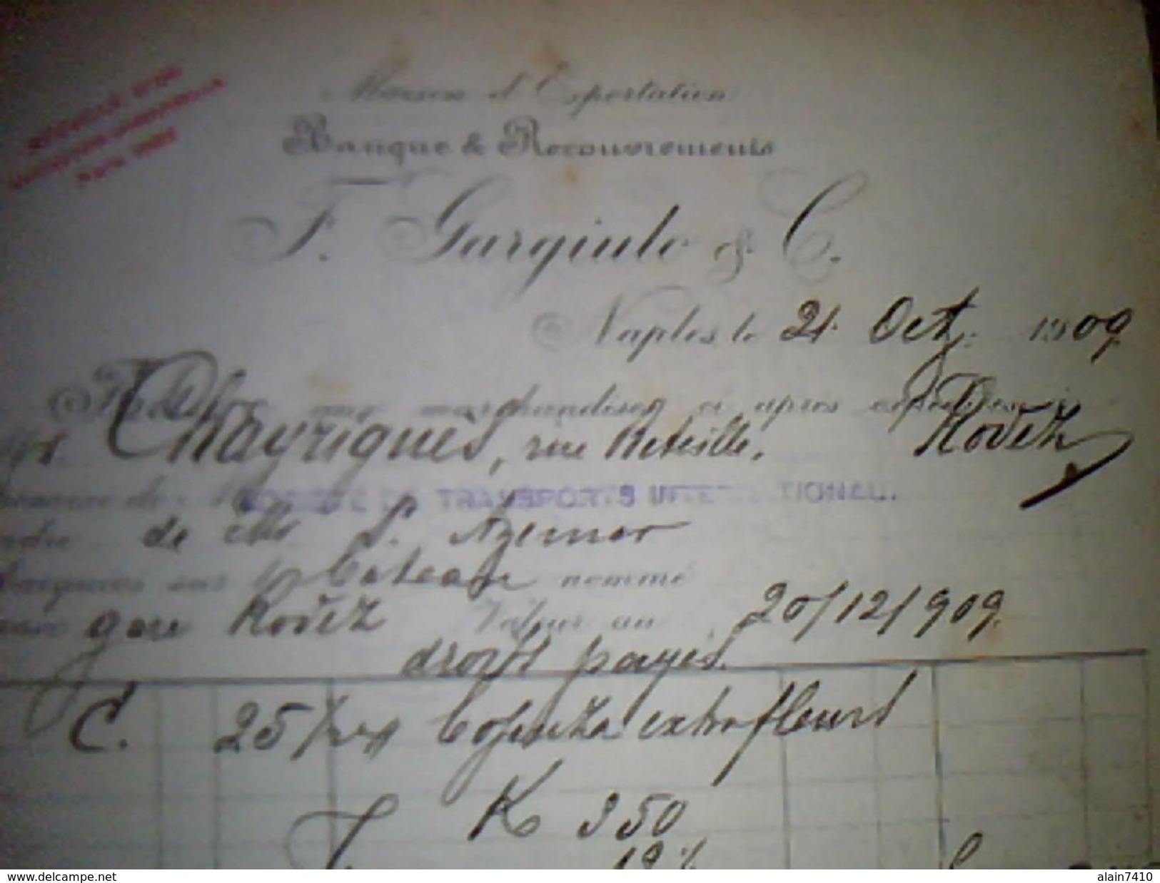 Vieux Papier  Lettre A Entete Banque Et Recouvrements Maison D Exportation Garigudo A Naples Italie Annee 1909 - Italie