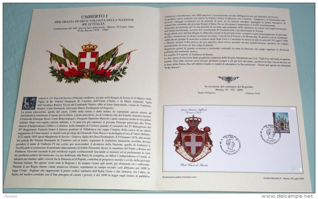 St52. Marcofilia - Monza 2000 - Folder "100° Anniv. Morte Di Re Umberto I", Con Annullo Su Busta Filatelica Ufficiale - Presentation Packs