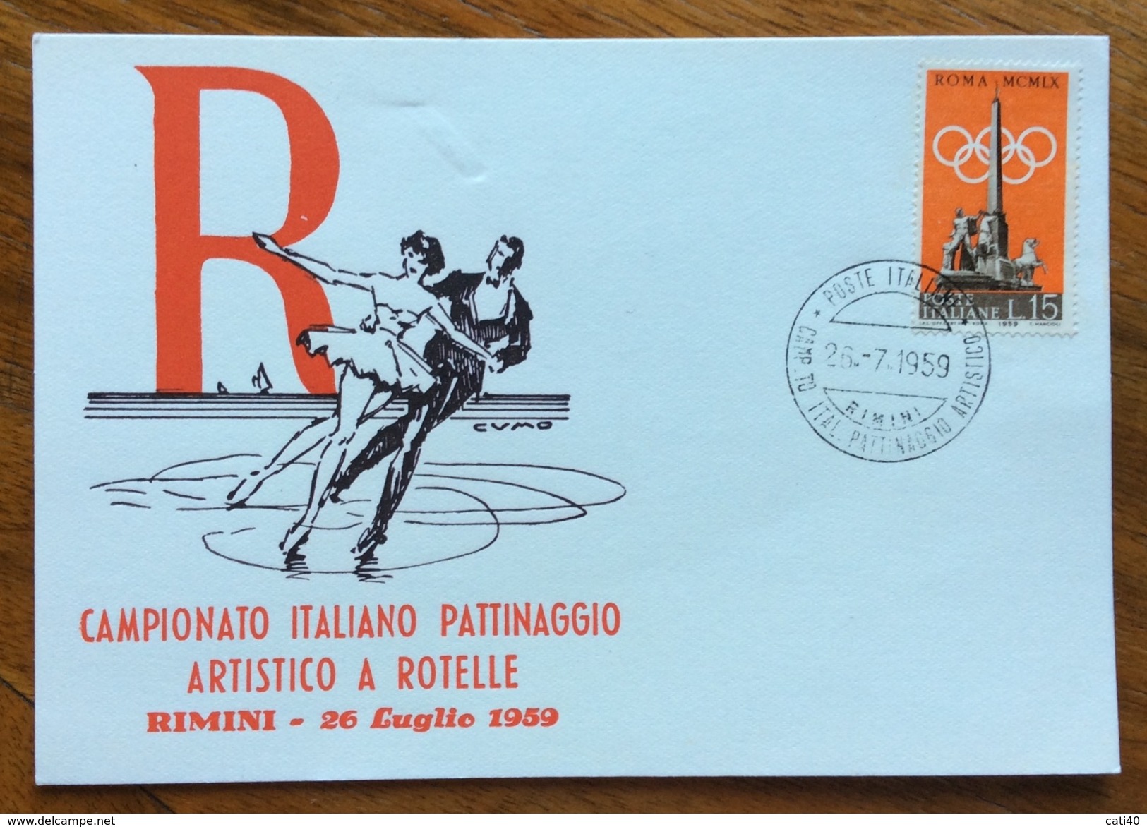 SPORT CAMPIONATO ITALIANO PATTINAGGIO ARTISTICO A ROTELLE RIMINI 1959 CARTOLINA CON ANNULLO SPECIALE POSTE ITALIANE - Ginnastica