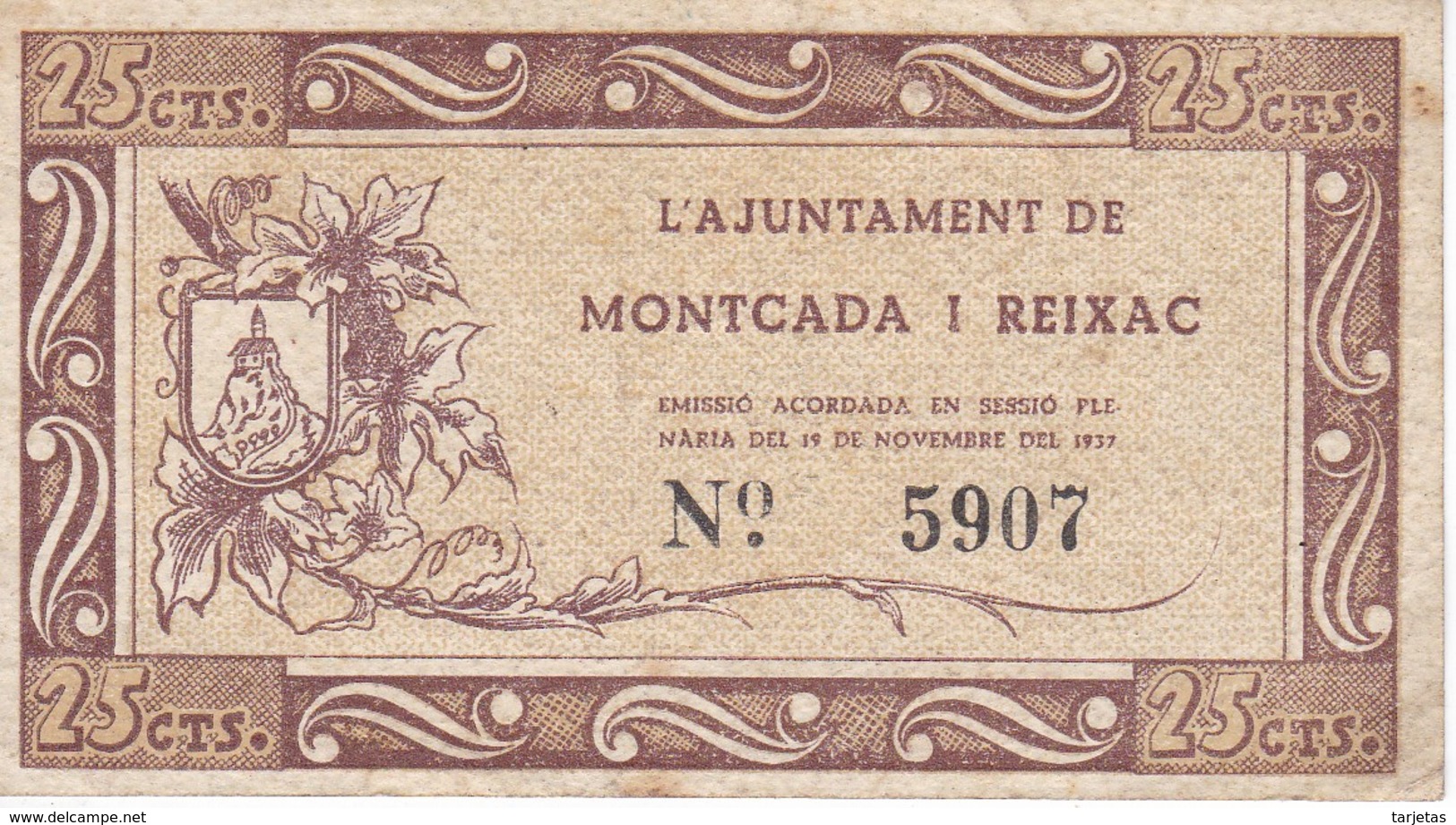 BILLETE DE 25 CENTIMOS DEL AJUNTAMENT DE MONTCADA I REIXAC DEL AÑO 1937 - Otros & Sin Clasificación