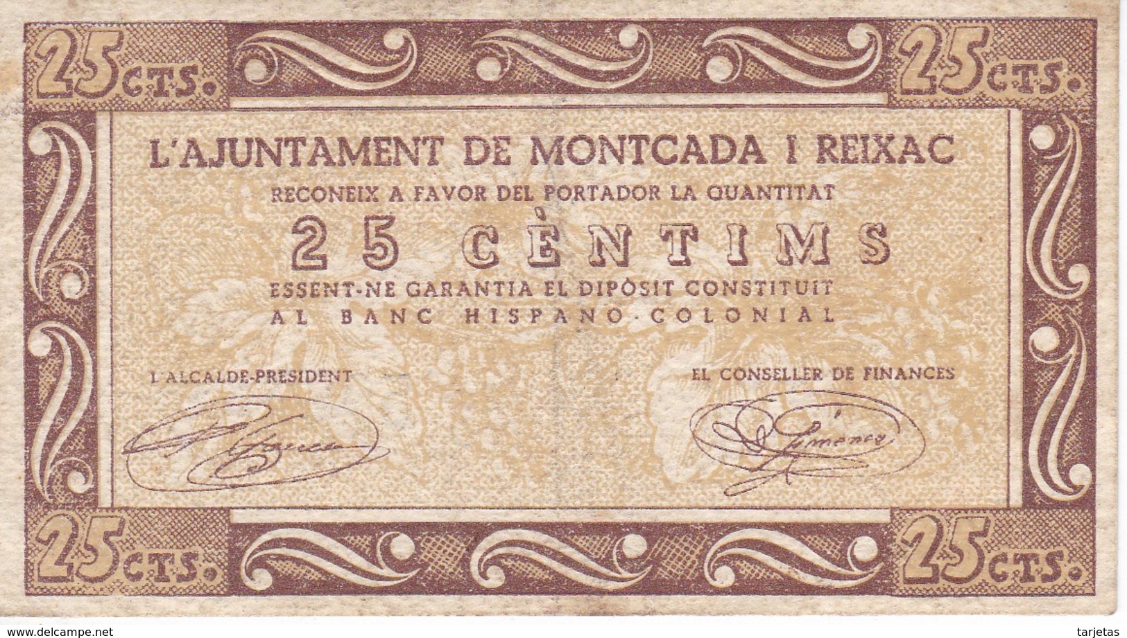 BILLETE DE 25 CENTIMOS DEL AJUNTAMENT DE MONTCADA I REIXAC DEL AÑO 1937 - Otros & Sin Clasificación