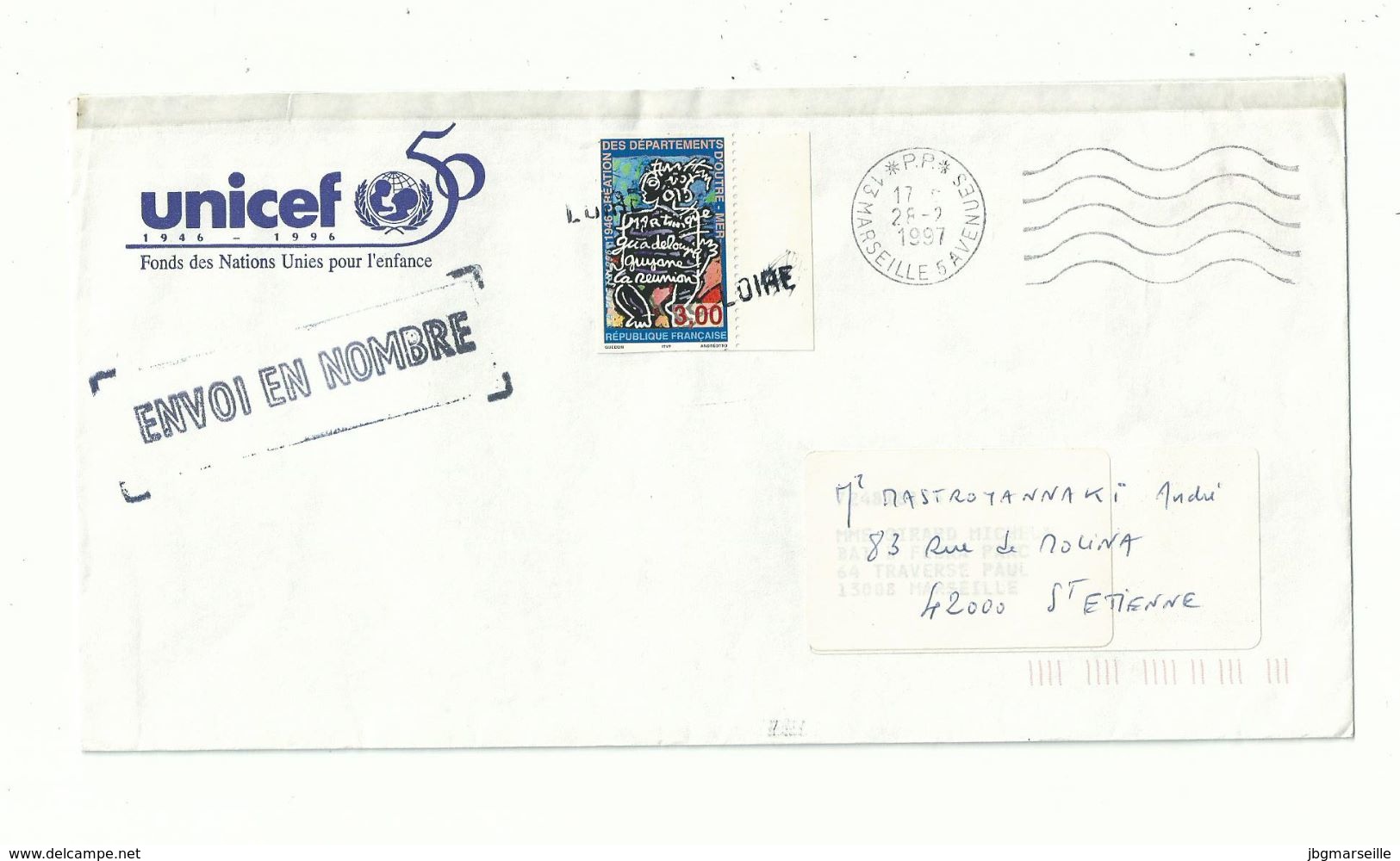 1 Enveloppe UNICEF Réutilisée En PP..Avec N° 3036 ..à Dentelure Coupée...oblitéré Griffe LOIRE à L'arrivée.............. - Cartas & Documentos