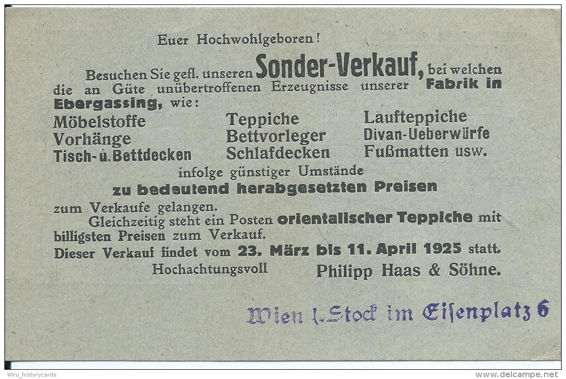 A3  Postkarte An Eine Wohnpartei ( Loco )  Philipp Haas &amp; Söhne Wien 1925 - Briefe U. Dokumente