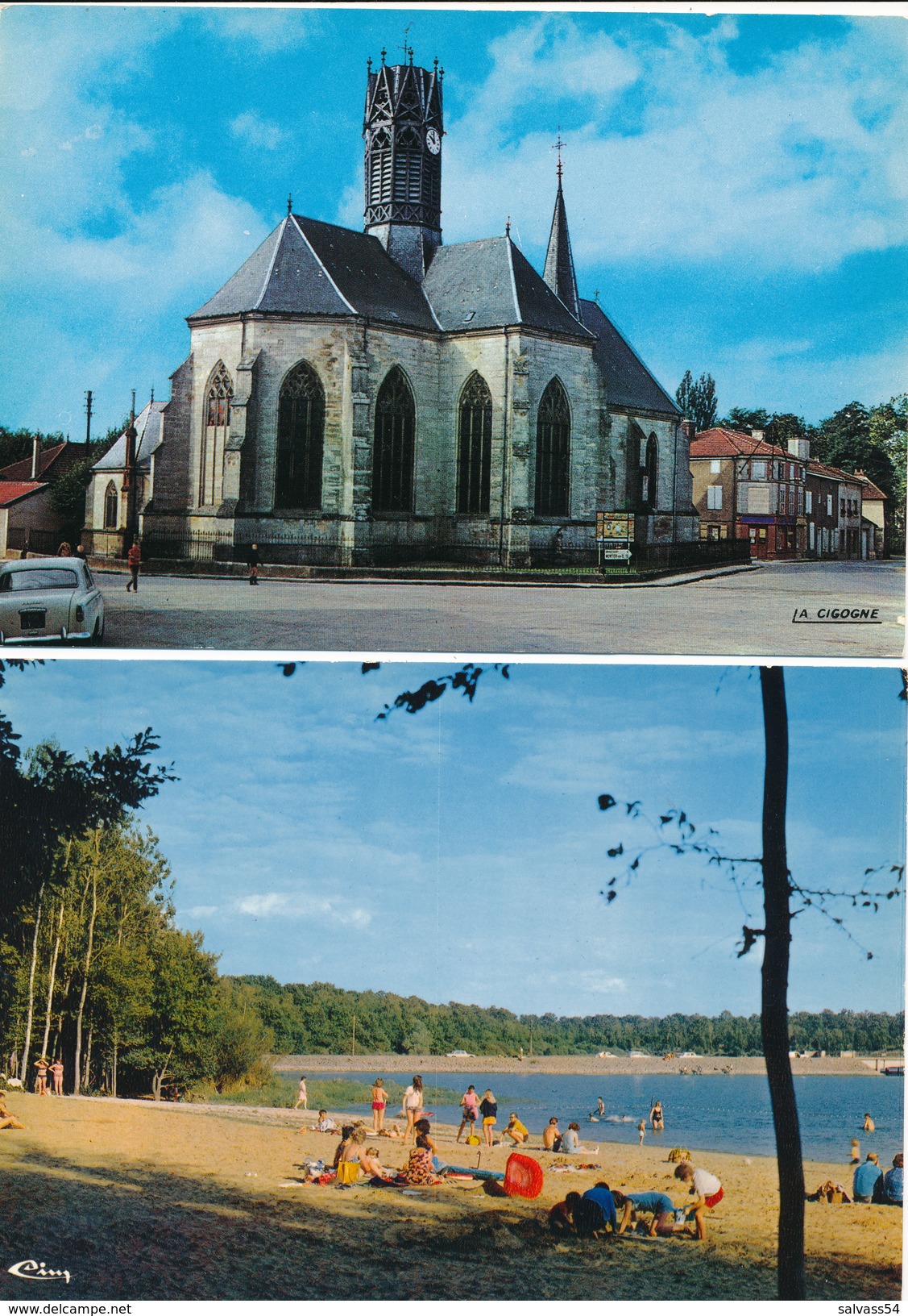 52) 2 CPSM : ECLARON : L'église St-Laurent + Lac Du Der La Plage - Eclaron Braucourt Sainte Liviere