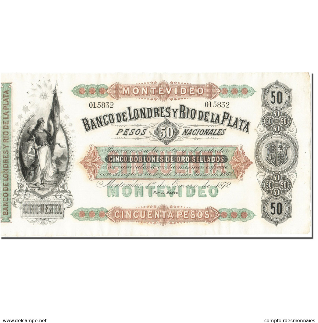 Billet, Uruguay, 50 Pesos = 5 Doblones, 1872, 1872-01-01, KM:S238a, SUP - Uruguay