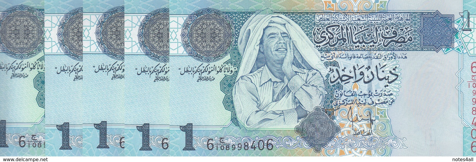 LIBYA 1 DINAR 2004 P-68b SIG/7 Bengadara LOT X5 UNC NOTES  */* - Libya