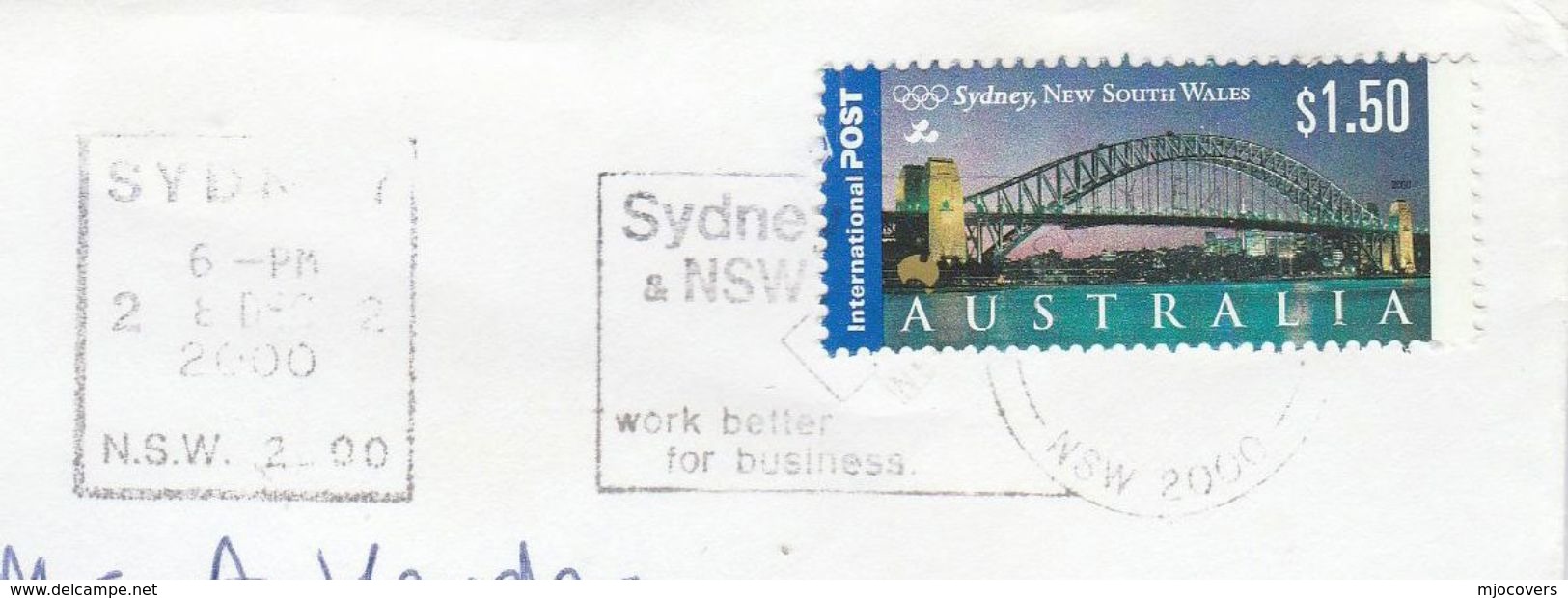 2000 AUSTRALIA COVER SLOGAN Pmk SYDNEY & NSW WORK BETTER FOR BUSINESS Stamps SYDNEY BRIDGE OLYMPICS RINGS Sport - Covers & Documents