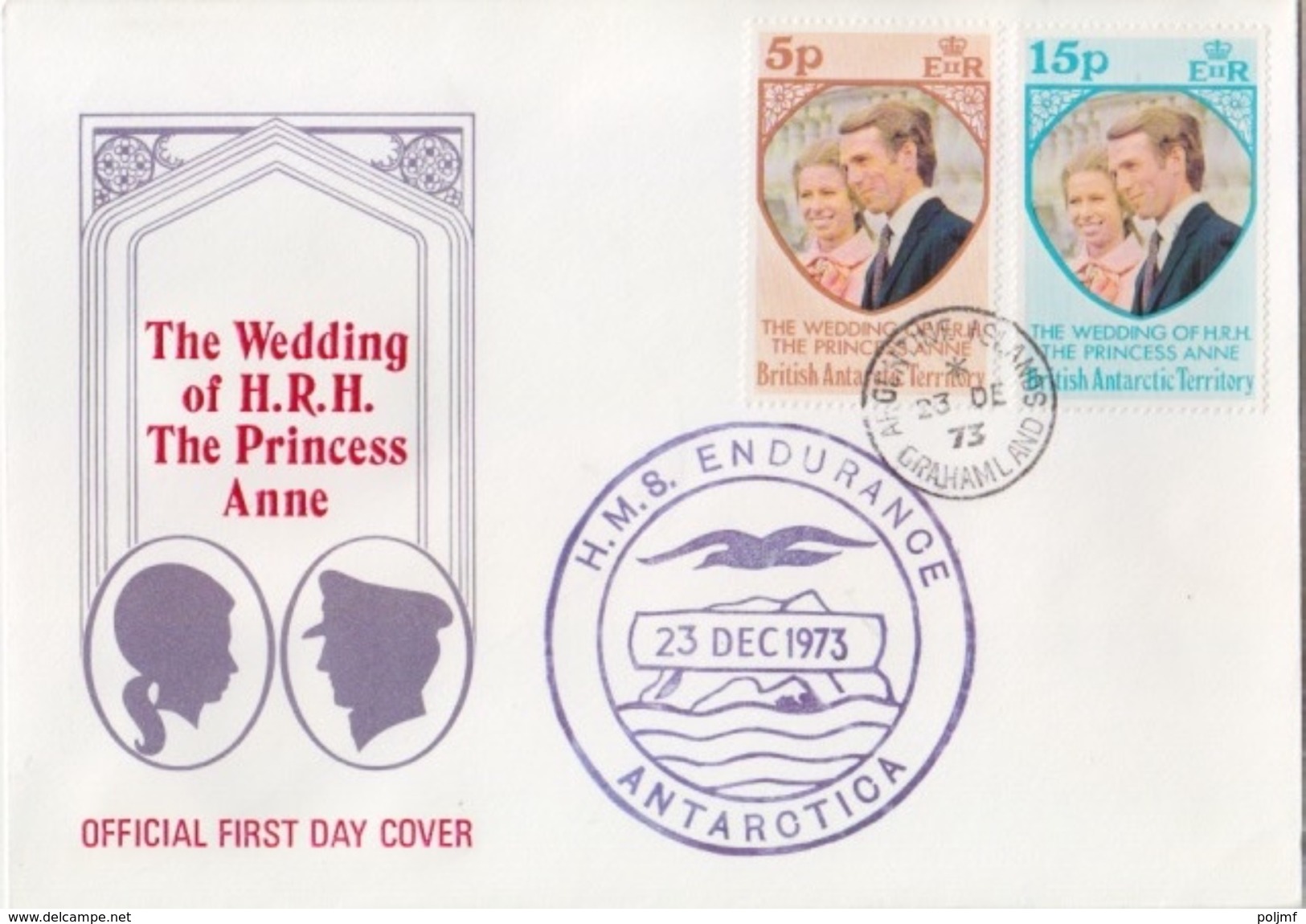 N° 60 Et 61 (princesse Anne) Oblitérés 1° Jour 23 DEC 73 Argentine Islands Sur FDC + Cachet H.M.S Endurance - FDC