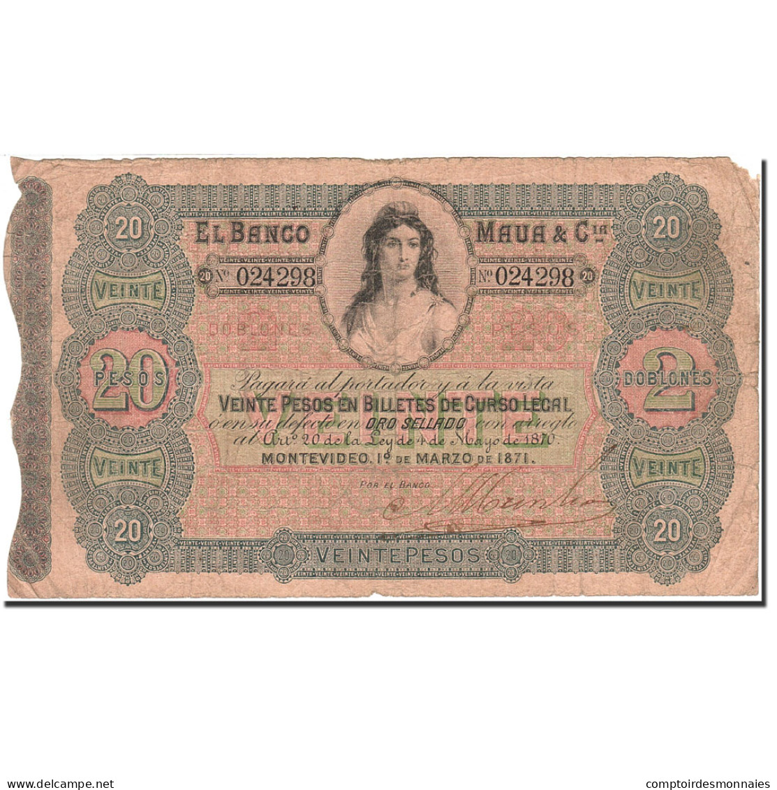 Billet, Uruguay, 20 Pesos = 2 Doblones, 1871, 1871-03-01, KM:S292, TB - Uruguay