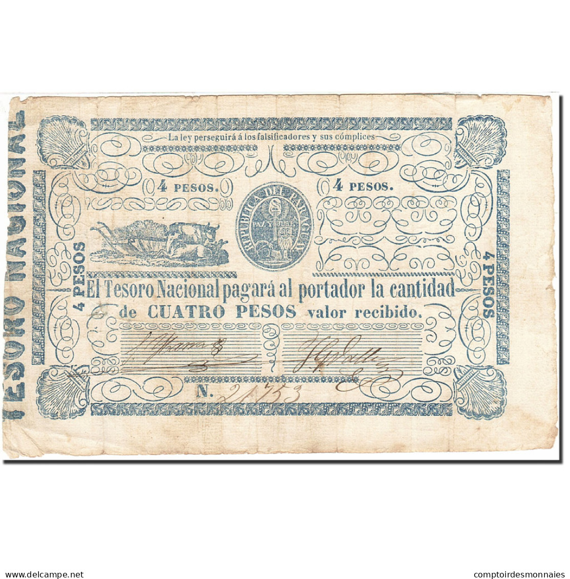 Billet, Paraguay, 4 Pesos, 1865, Undated (1865), KM:24, TTB - Paraguay