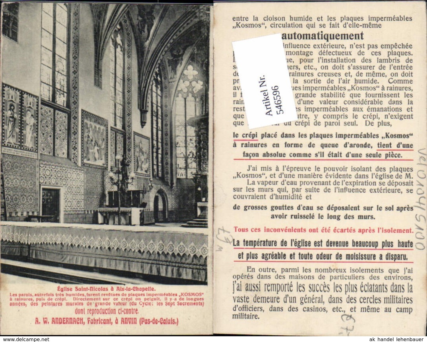 546596,Reklame AK W. Andernach Anvin Aix La Chapelle Eglise St. Nicolas - Werbepostkarten