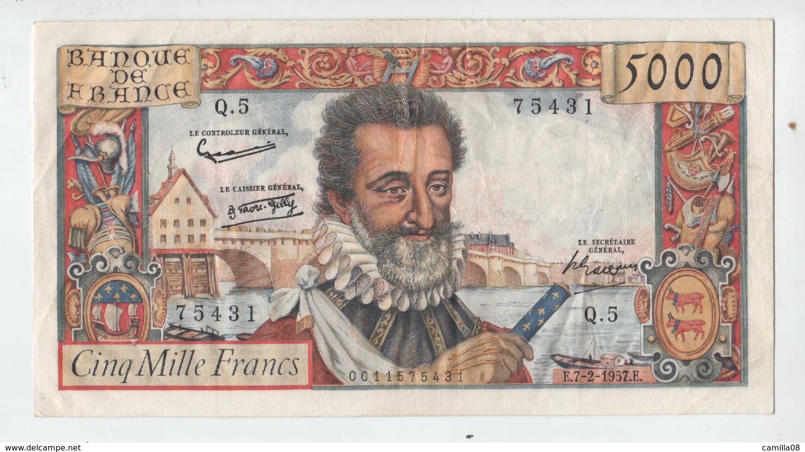 RARE 5000 FRS HENRY  IV.  DU 7.02.1957.UN DES BILLETS LES PLUS RECHERCHES. TTB+.NO PAYPAL. - 5 000 F 1957-1958 ''Henri IV''