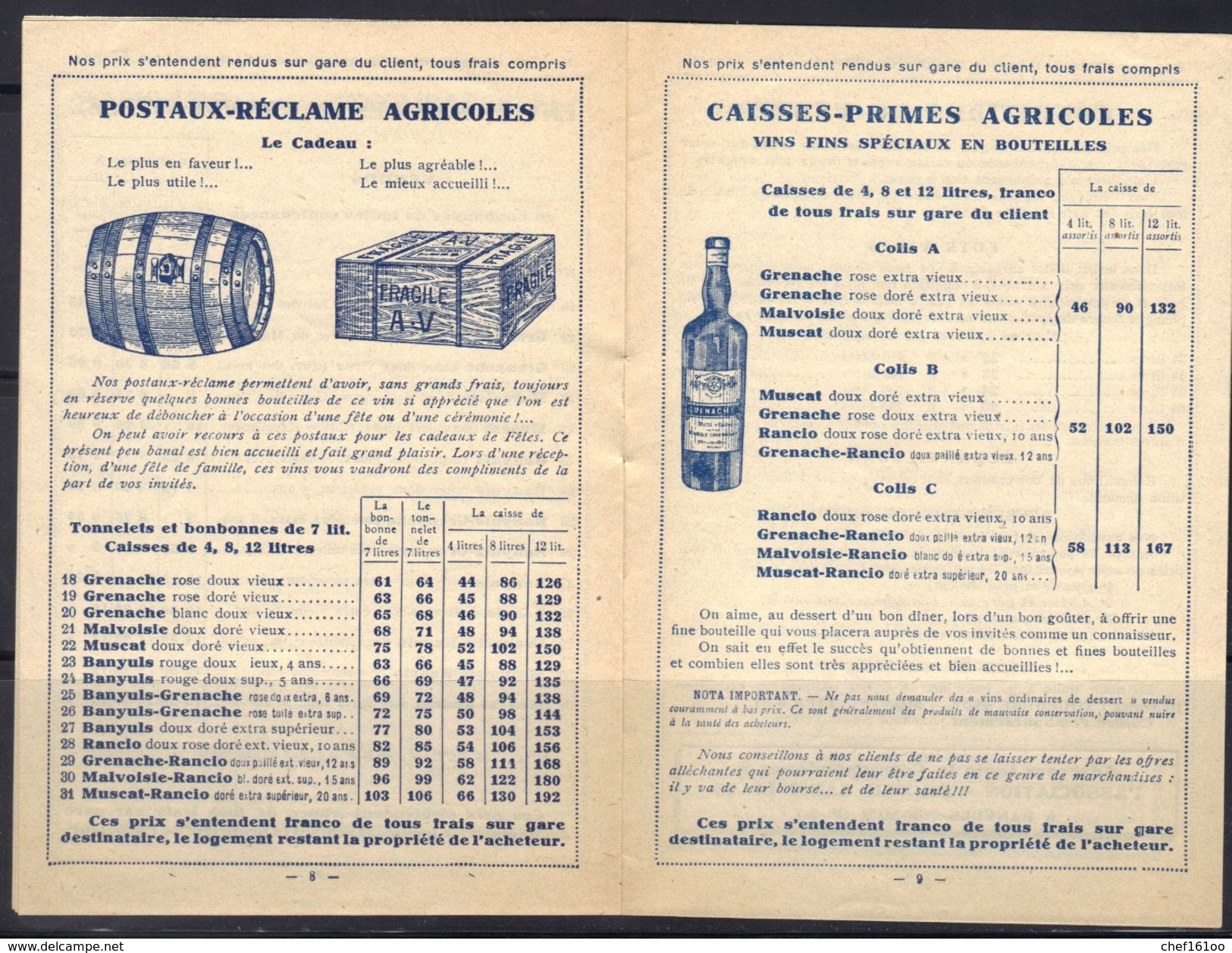 Banyuls S/Mer : Association Vinicole St Louis, Sagols Casadessus & Cie Propriétaire, Livret Tarif De Vente 1926. - Food