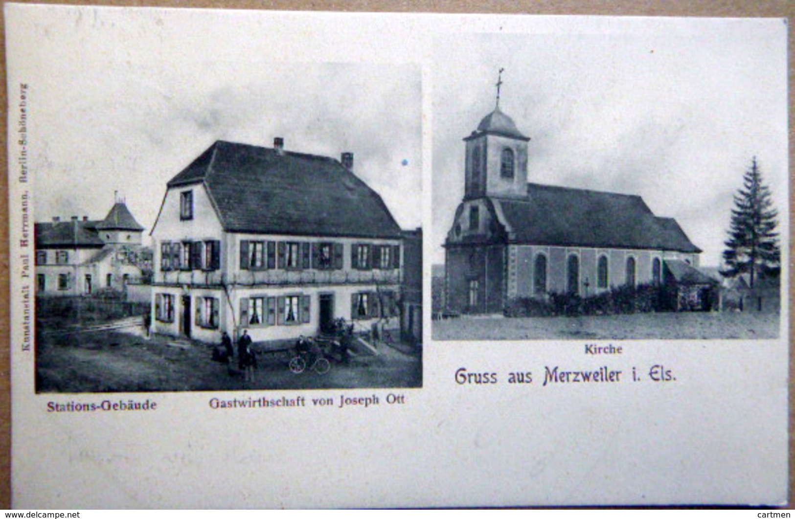 67 MERZWEILER GRUSS VUE MULTIPLE STATIONS GEBAUDE GASTWIRTHSCHAFT  AUBERGE RESTAURANT JOSEPH OTT EGLISEVOYAGE 1900 - Autres & Non Classés