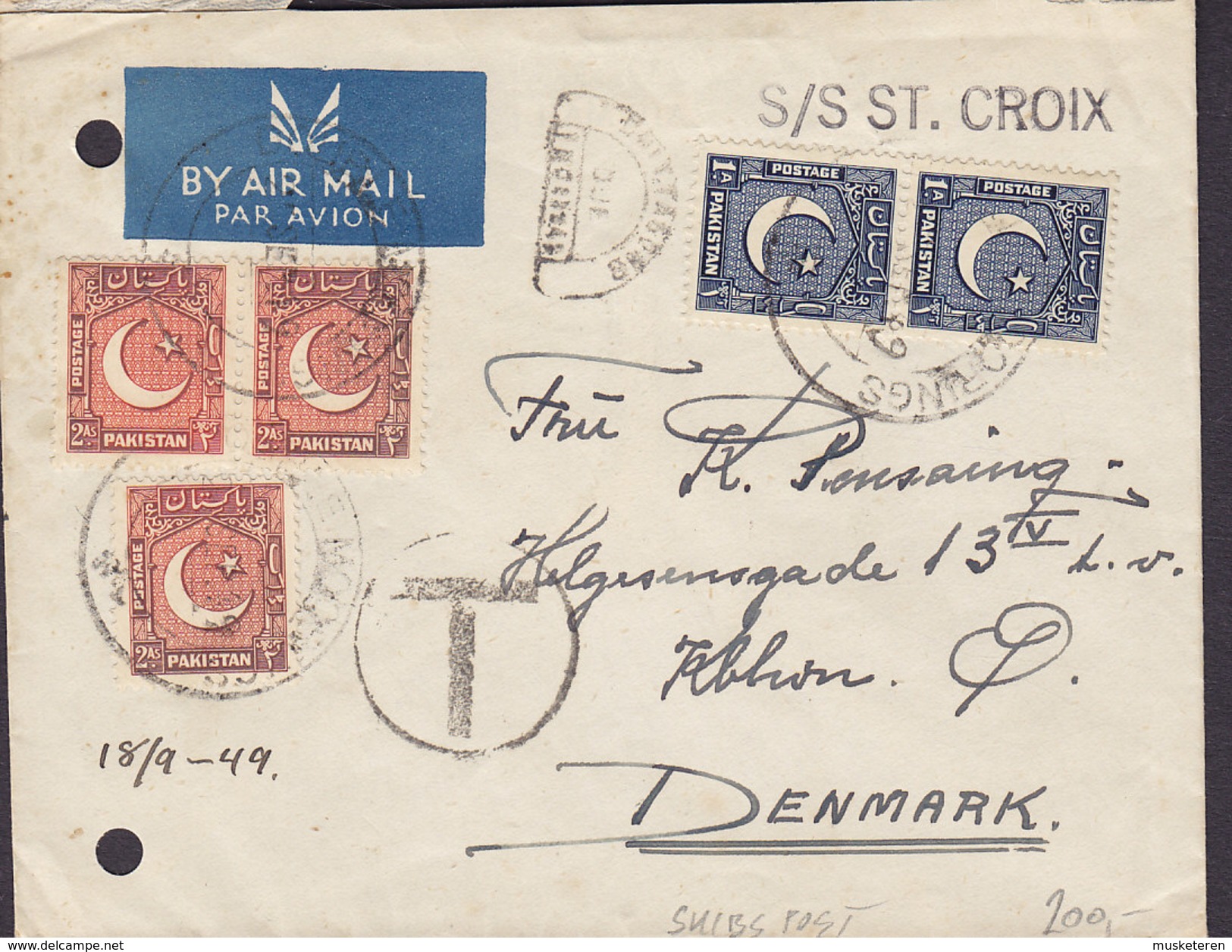 Pakistan Shipsmail Schiffspost Skibspost 1949 Cover Brief S/S ST. CROIX To Denmark PORTO T-Cancel TAXE (2 Scans) - Pakistan