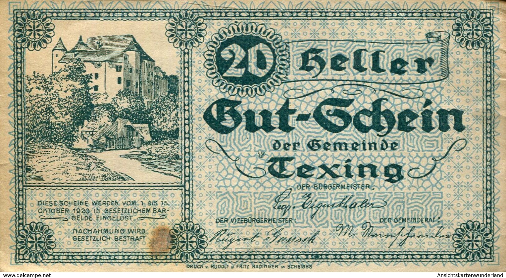 Notgeld 20 Heller Gut-Schein Der Gemeinde Texing (000896) - Autriche