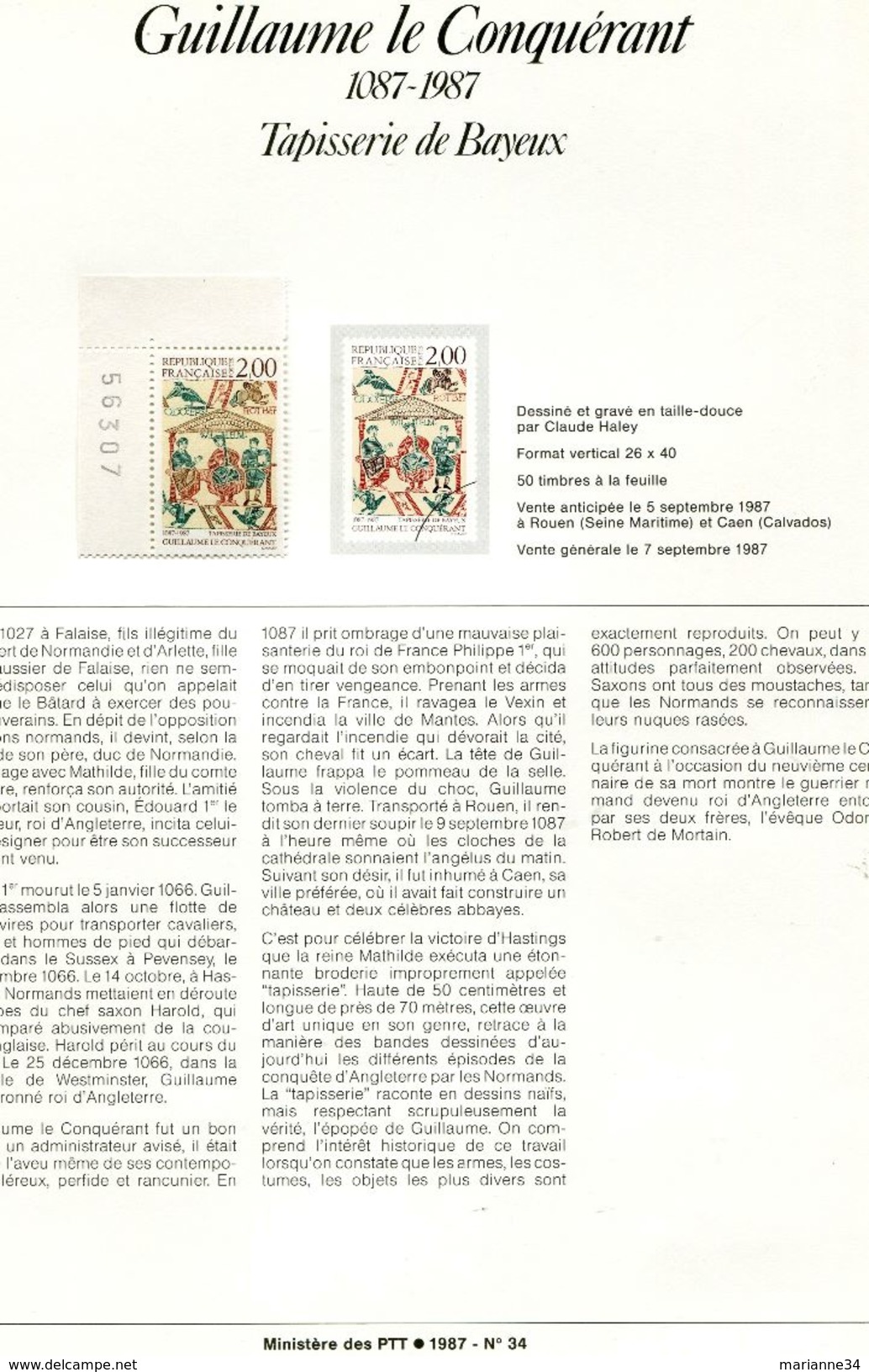 France-1987-notice-Guillaume Le Conquérant-tapisserie De Bayeux (n°34) - Documents De La Poste