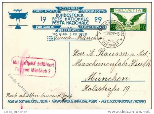 CH-Bundesfeierkarten, 1929, SBK 61, 40 Rp Flugpost, Wehrmann Mit Familie, Flugstpl. Z&Uuml;RICH 1.VIII.29"-M&uuml;nchen, - Sonstige & Ohne Zuordnung