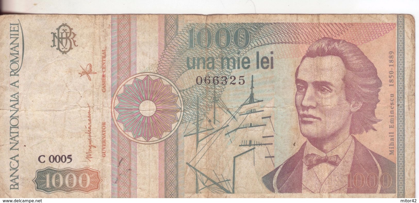 60-Romania-Cartamoneta-Banconota Circolata 1000 Lei Con Ruota E Veliero-Stato Di Conservazione: Mediocre - Rumänien