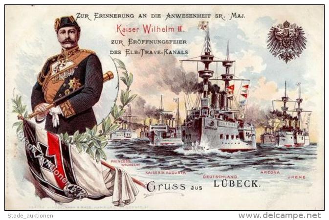 L&uuml;beck (2400) Kaiser Wilhelm II Schiffe Fahne Schwarz-Wei&szlig;-Rot Lithographie I-II Bateaux - Sonstige & Ohne Zuordnung