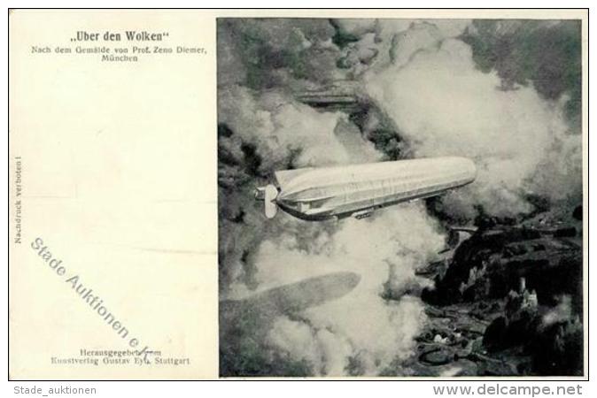 Zeppelin Sign. Diemer, Zeno  K&uuml;nstlerkarte I-II Dirigeable - Zeppeline