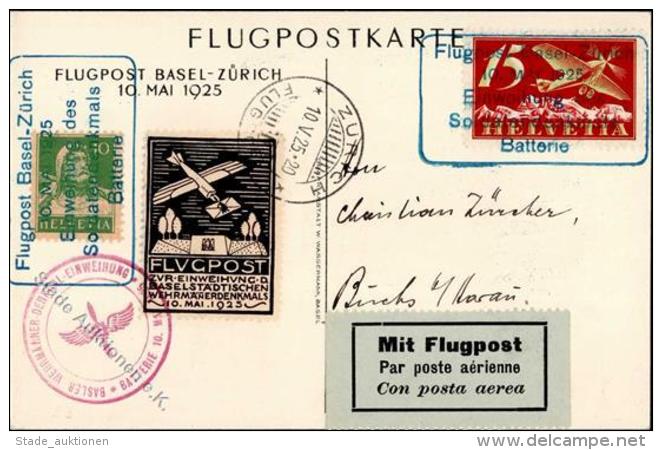 Flugpost CH 1925, Einweihung Wehrm&auml;nner-Denkmal Basel, 10.V.25", OK (Batterie) Mit 15 C Flug + Vignette (LUPO SF 25 - Sonstige & Ohne Zuordnung