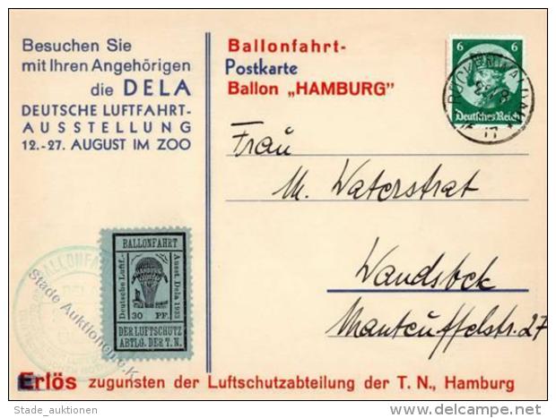 Ballonfahrt, DR 1933, 30 Pf Flugmarke Schwarz/ultramarin, &uuml;bliche Z&auml;hnung, Auf Offiz. Ballonfahrtkarte HAMBURG - Fesselballons