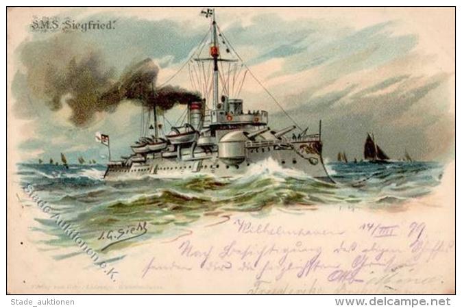 Marine SMS Siegfried Sign. Siehl, J. G. Lithographie / K&uuml;nstlerkarte 1899 I-II - Marines