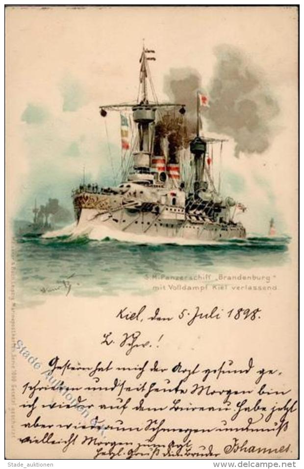 Marine SM Panzerschiff Brandenburg Mit Volldampf Kiel Verlassend Sign. Bohrdt, Hans 1898 K&uuml;nstler-Karte I-II - Marines