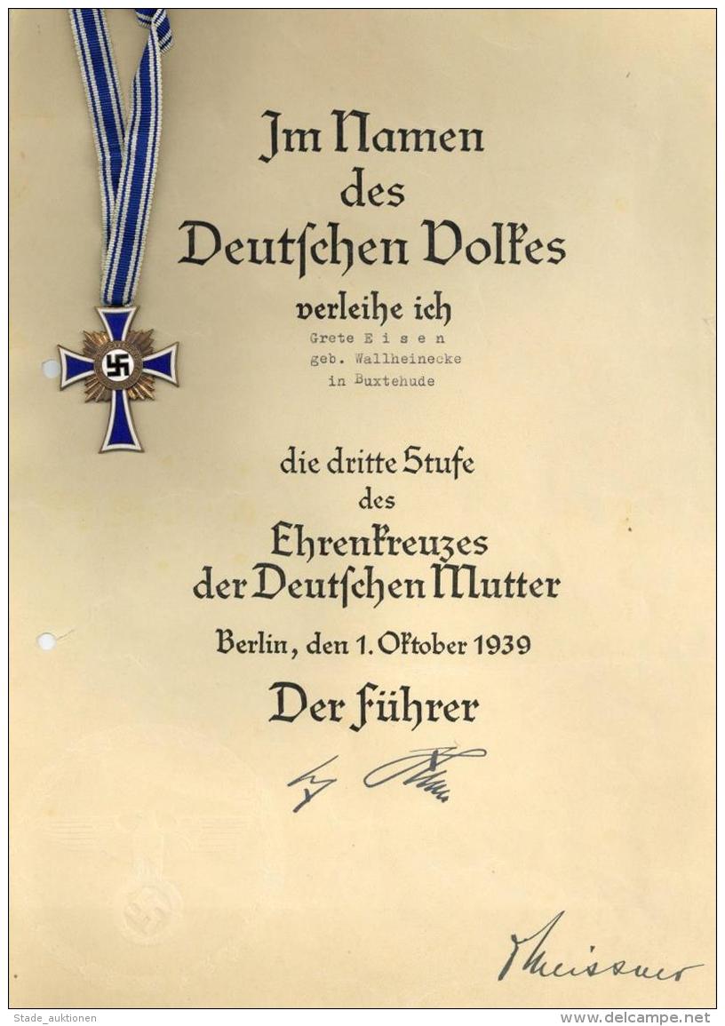 WK II Orden Ehrenkreuz Der Deutschen Mutter 3. Stufe Mit Verleihungsurkunde I-II - Weltkrieg 1939-45