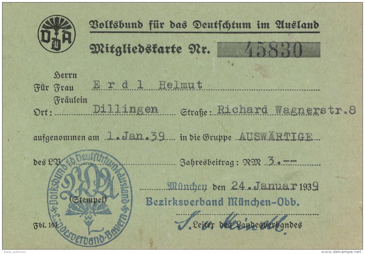 WK II Dokumente Volksbund F&uuml;r Das Deutschtum Im Ausland Mitgliedskarte I-II - Weltkrieg 1939-45