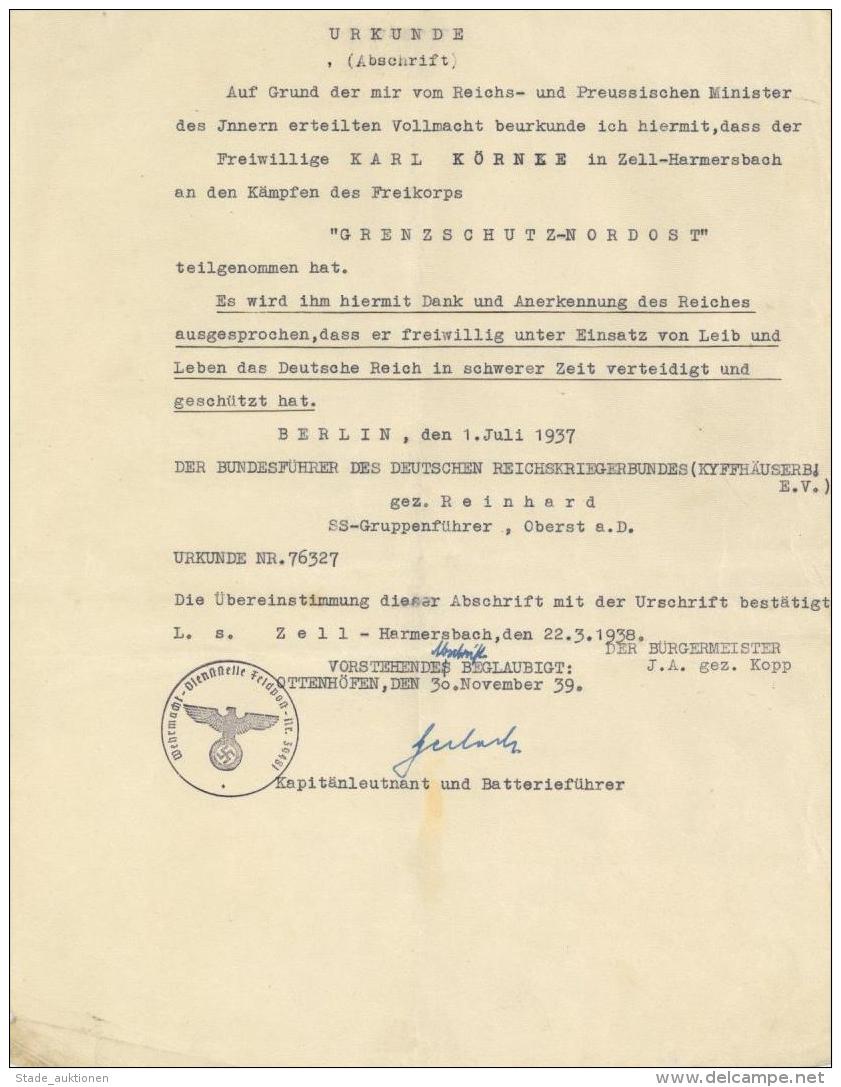 WK II Dokumente SS Urkunde Teilname Grenzschutz Nordost Gez. Reinhard SS Gruppenf&uuml;hrer Oberst A. D. II - Weltkrieg 1939-45
