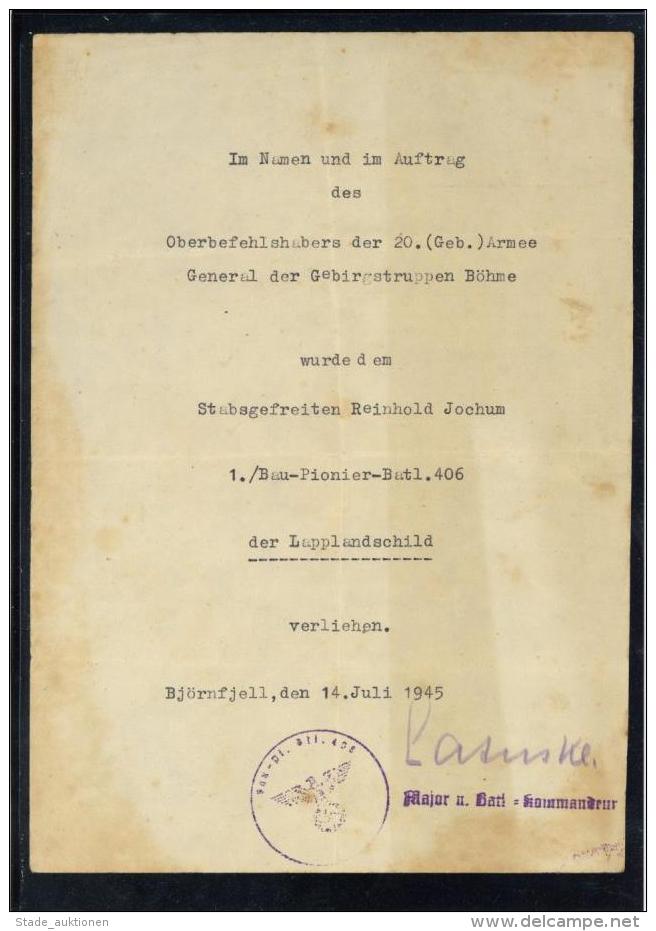 Verleihungsurkunde WK II  Lapplandschild II R! (fleckig) - Weltkrieg 1939-45