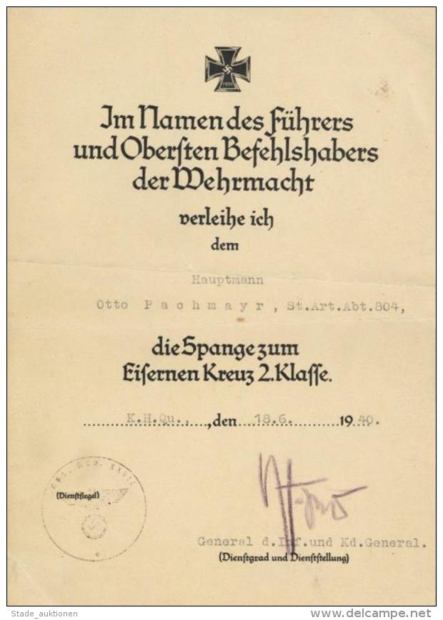 Verleihungsurkunde Spange Zum Eisernen Kreuz 2. Klasse II - Weltkrieg 1939-45
