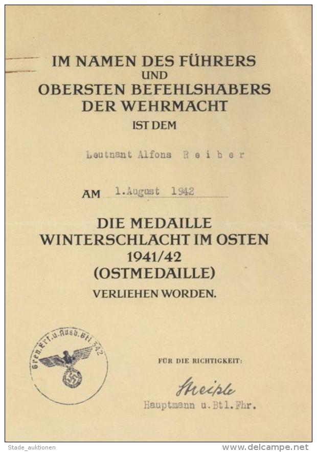 Verleihungsurkunde Die Medaille Winterschlacht Im Osten 1941/42 Ostmedaille II - Weltkrieg 1939-45