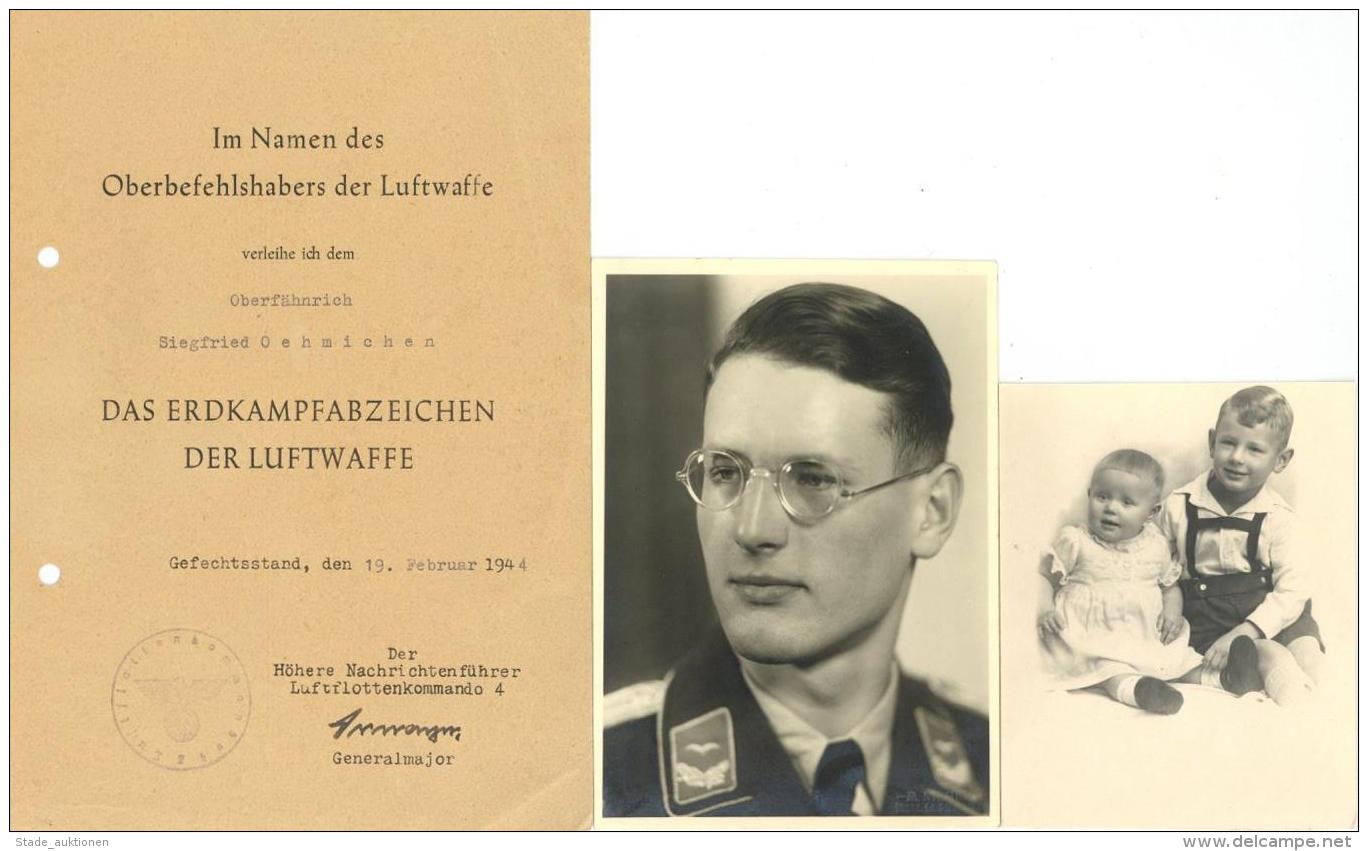 Verleihungsurkunde Das Erdkampfabzeichen Der Luftwaffe Dabei 14 Fotos Und Ein Weiterer Beleg I-II - Weltkrieg 1939-45