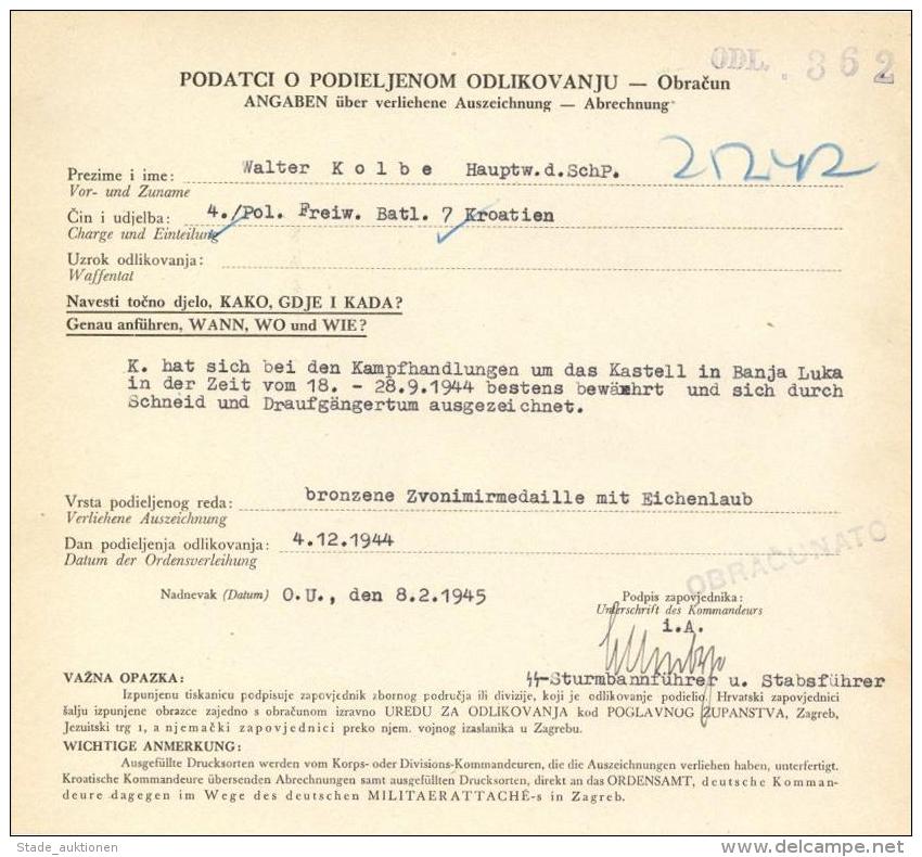 SS Verleihungsurkunde Kroatien Bronzene Zvonimir-Medaille Mit Eichenlaub I-II - Weltkrieg 1939-45