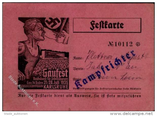 KARLSRUHE WK II - Festkarte (keine Ak) GAUFEST Reichsbund F&uuml;r Leibes&uuml;bungen 1935 -Kampfrichter-Ausweiskarte I- - Guerra 1939-45