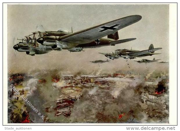 Propaganda WK II Sign. Matejko, Theo Heinkel Kampfflugzeuge He 111 &uuml;ber Warschau K&uuml;nstlerkarte I- - Weltkrieg 1939-45