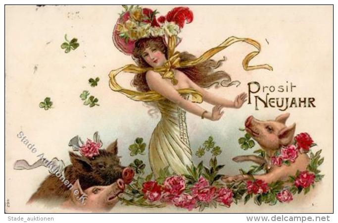 Schwein Frau Neujahr 1907 Pr&auml;ge-Karte I-II Cochon Bonne Annee - Sonstige & Ohne Zuordnung