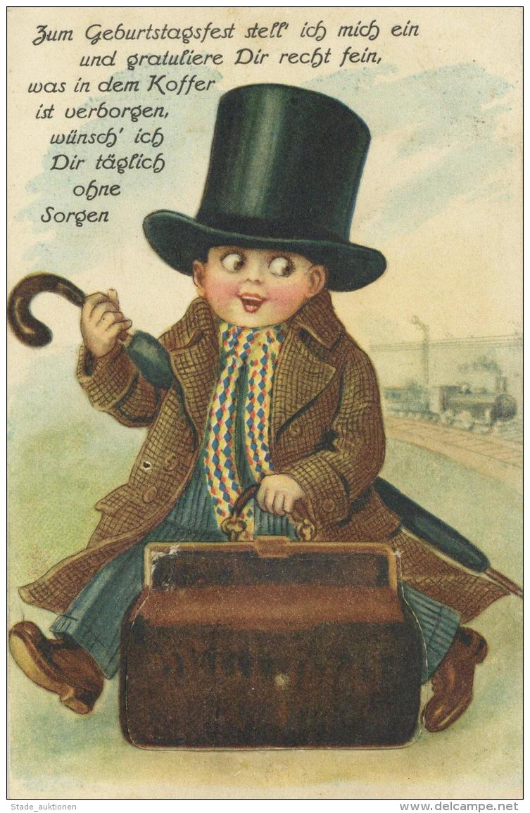 Geburtstag Farbige Leporellokarte, Junger Mann Mit Koffer (Geldscheine), Marke Entfernt, Ca. 1910 - Sonstige & Ohne Zuordnung