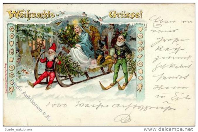 Weihnachtsmann Zwerg Weihnachtsmann Schlitten Engel Winterlithographie 1897 II (Stauchung) Pere Noel Lutin Ange - Sonstige & Ohne Zuordnung
