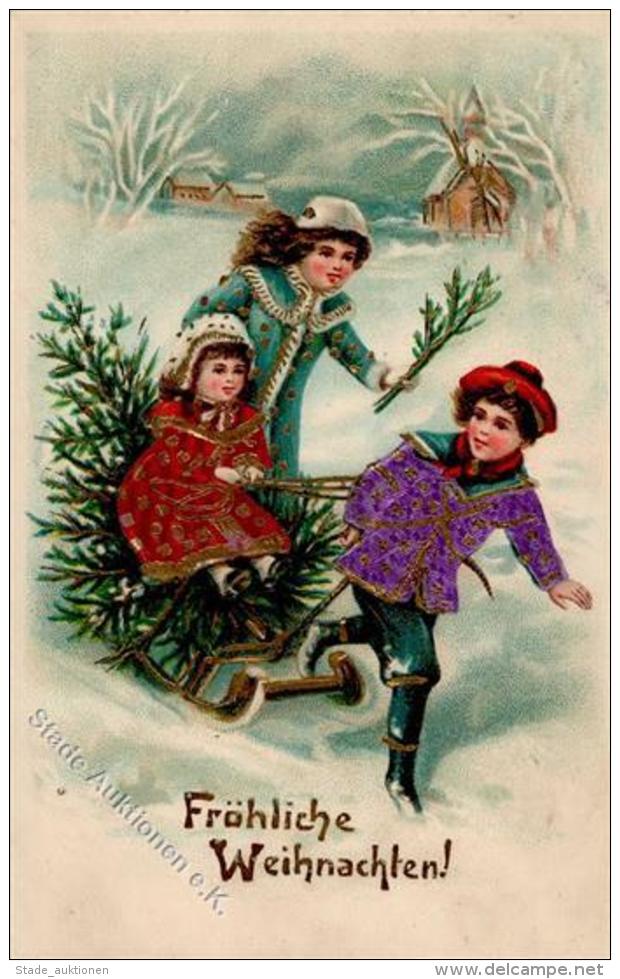 Weihnachten Kinder Schlitten Pr&auml;ge-Karte 1914 II (beschnitten) Noel - Sonstige & Ohne Zuordnung