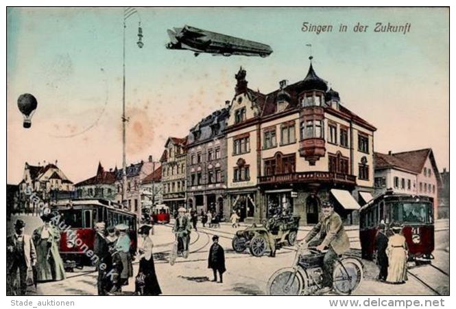 Zukunft Singen (7700) Zeppelin Stra&szlig;enbahn Fahrrad Auto Ballon 1911 I-II (fleckig) Dirigeable Cycles - Humor