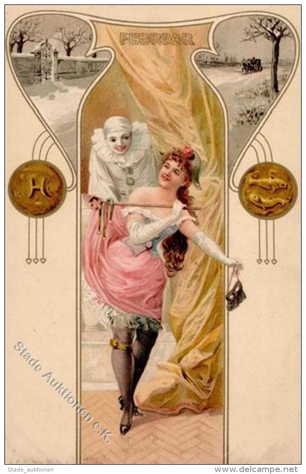 Jugendstil Monat Februar Frau Pierrot Lithographie I-II Art Nouveau - Sonstige & Ohne Zuordnung