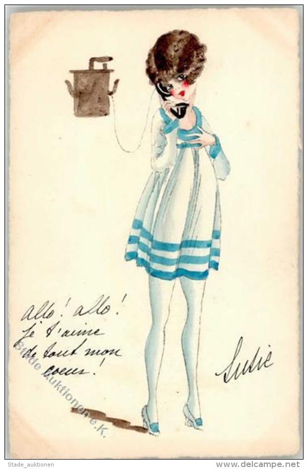 Handgemalt Frau Telefon Sign. Susie K&uuml;nstlerkarte I-II Peint &agrave; La Main - Sonstige & Ohne Zuordnung