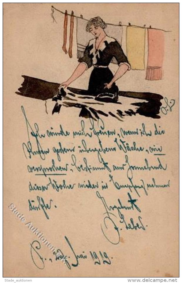 Handgemalt Frau B&uuml;geln Sign. Leber, O. K&uuml;nstlerkarte I-II (fleckig) Peint &agrave; La Main - Sonstige & Ohne Zuordnung